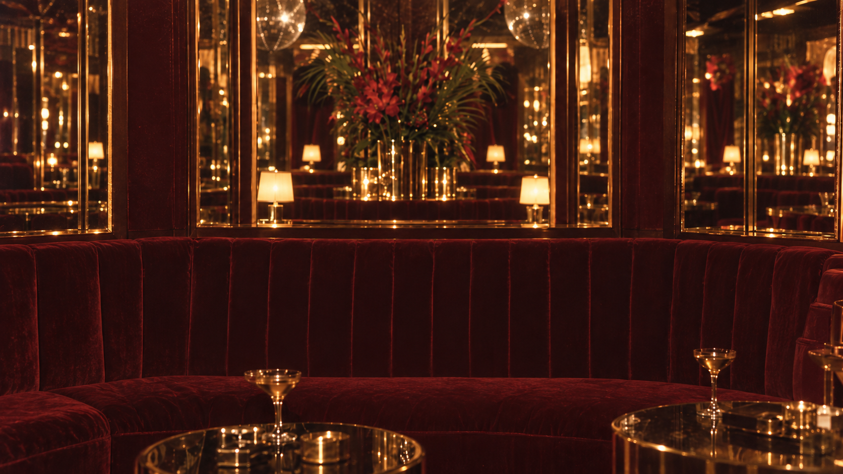 A group in satin, sequins and velvet in a mirrored disco lounge.