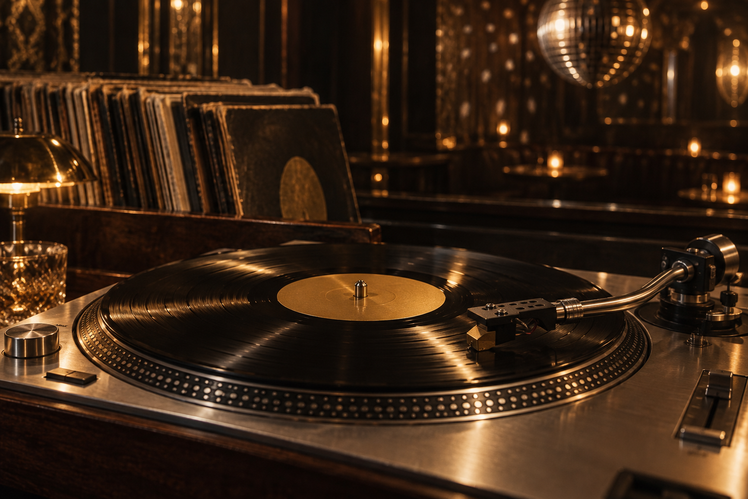 Vinyl on a silver turntable beside a crate of records in a warmly lit DJ booth